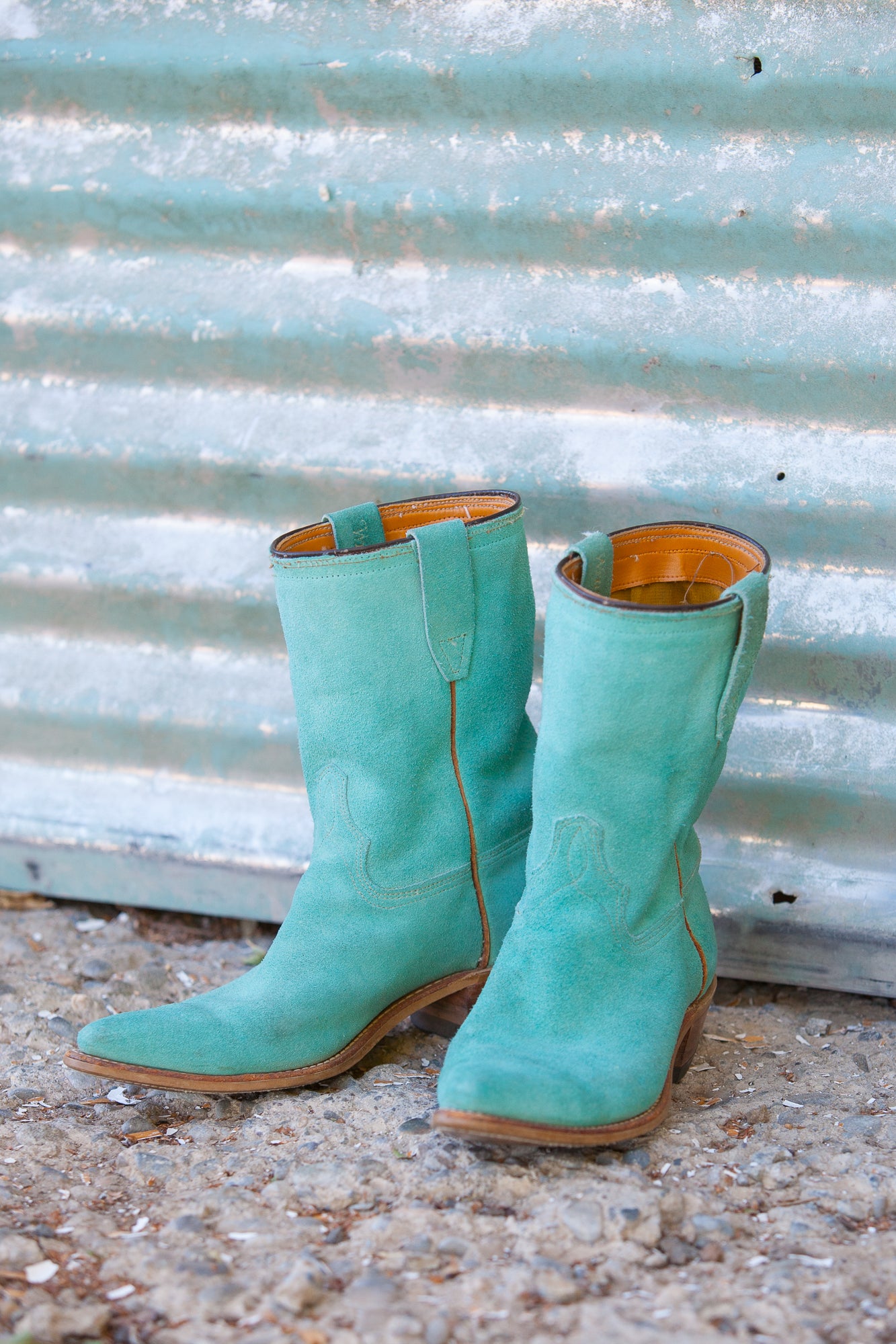 Wrangler Cowgirls boots in Aqua Suede by JULES FRAZIER